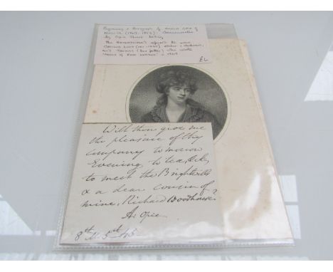 Amelia Opie of Norwich (1769-1853), portrait engraving and autograph note signed, "Will thou give me the pleasure of thy comp