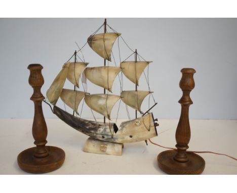 Horn lamp in the form of ship together with a pair of candle sticks 