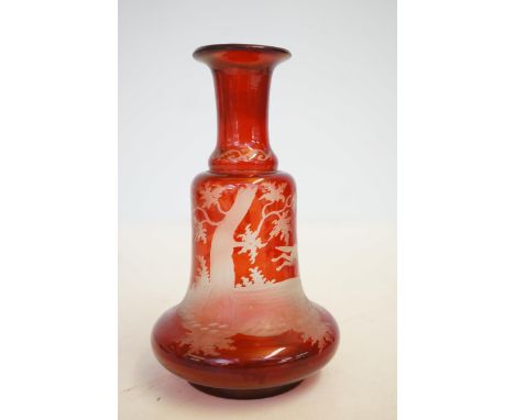 Victorian etched ruby glass stem vase with hound chasing hare 