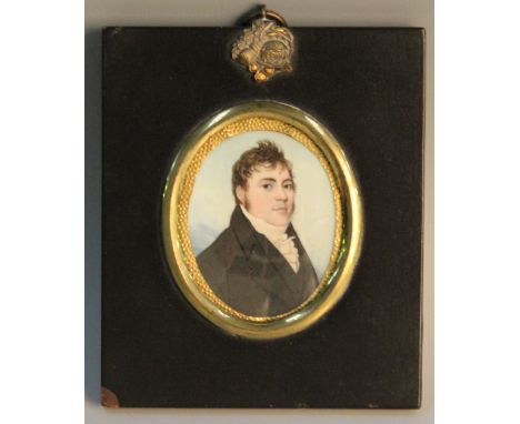 Circle of George Engleheart - Oval Miniature Portrait of a Gentleman wearing a Black Jacket and White Stock, watercolour on i