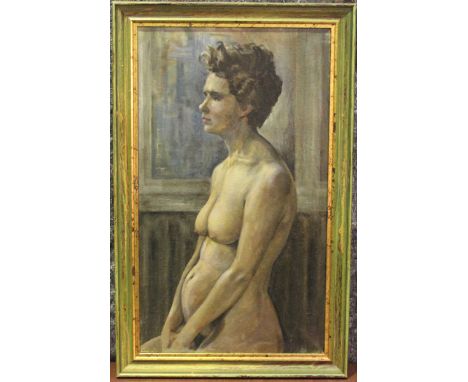 J. Moore - 'The Artist's Wife' (Half Length Portrait of a Pregnant Nude), 20th century oil on canvas, signed and titled verso