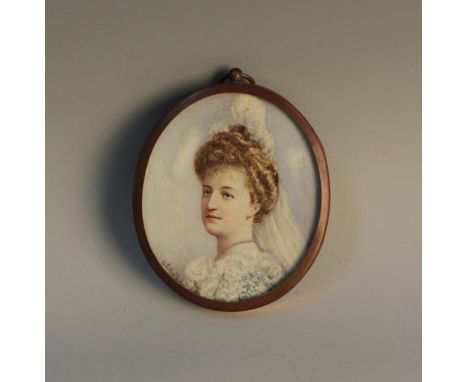 Gertrude S. Hellier - Oval Miniature Portrait of a Lady wearing a White Dress, watercolour on ivory, signed and dated 1905, 7