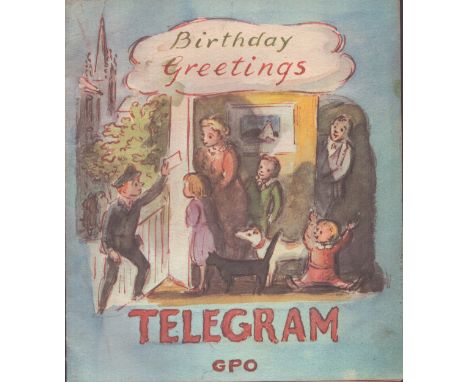 Birthday Greetings, telegram, G.P.O. 7½ x8¼ highly coloured pictorial folded card dated approximately 1973. Designed by Edwar