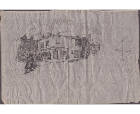 Sketched on paper a drawing of 'The Gasworks Restaurant', 87, Waterford Road, S.W.6 with the gasworks on the right-hand side 