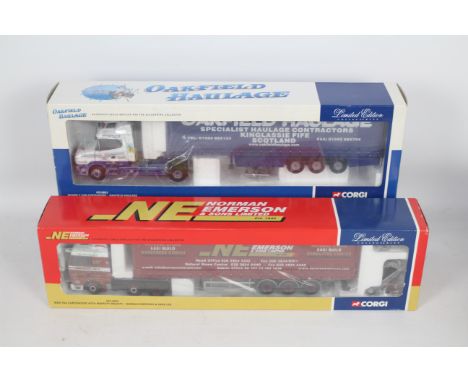 Corgi - Two boxed Corgi Limited Edition 1:50 scale diecast trucks. Lot consists of CC12811 Scania T Cab Curtainside 'Oakfield