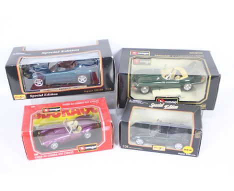 Maisto, Bburago- Four boxed diecast model vehicles in 1:18 and 1:24 scale. Lot consists of Bburago #3016 Jaguar E-Type Cabrio