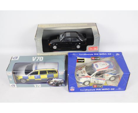 Sun Star - Bburago - Powco - 3 x boxed 1:18 scale cars, a Sun Star Ford Escort XR3 in black #4972R, a Volvo V70 Police Car an