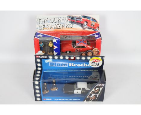 Corgi - 2 x TV car sets, The Dukes Of Hazzard Dodge Charger in 1:36 scale and The Blues Brothers Dodge Monaco in 1:43 scale. 
