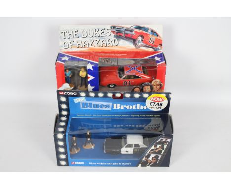 Corgi - 2 x TV car sets, The Dukes Of Hazzard Dodge Charger in 1:36 scale and The Blues Brothers Dodge Monaco in 1:43 scale. 