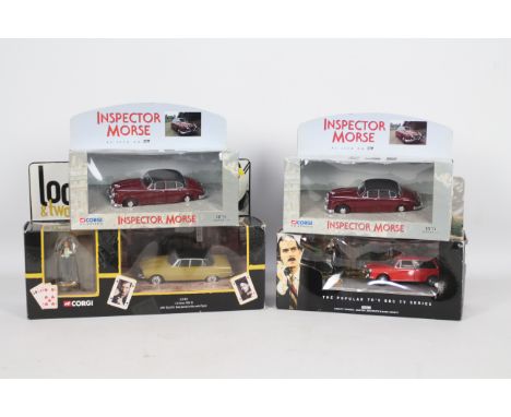 Corgi - 4 x TV cars in 1:43 scale, Fawlty Towers Austin 1300 # 00802, Lock Stock Rover P6 # CC01901 and 2 x Inspector Morse J