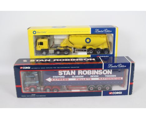 Corgi - Two boxed Corgi Limited Edition 1:50 scale diecast trucks. Lot consists of CC12205 Scania Curtainside 'Stan Robinson'