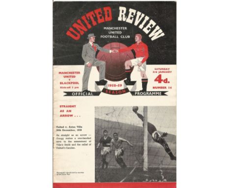 Manchester Utd FC Vs Blackpool FC Vintage Football Programme From Saturday 3rd January 1959 at Old Trafford. Man Utd went on 