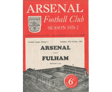 Football Arsenal v Fulham vintage programme League Division 1 27th October 1951. Good condition. All autographs come with a C
