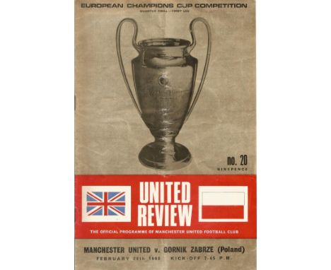Manchester Utd Vs Gornik Zabrze (Poland) Vintage Football Programme From 28th February 1968. a European Champions Cup Competi