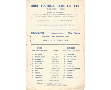 Bury FC Vs Hibernian Vintage Football Programme from 18th February 1956 at Gigg Lane, one sheet. Superb item. Good condition.