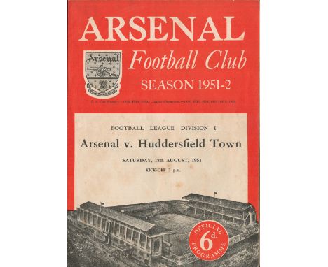Football Arsenal v Huddersfield Town vintage programme Division 1 18th August 1951. Good condition. All autographs come with 
