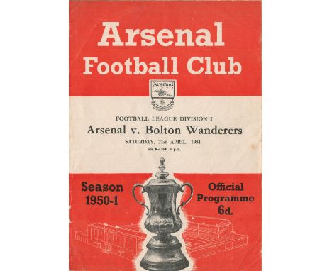 Football Arsenal v Bolton Wanderers vintage programme Division One 21st April 1951. Good condition. All autographs come with 