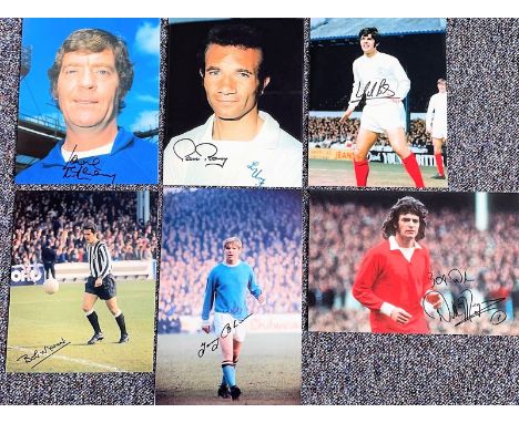 Football collection 6 signed photos all featuring legends of the English game signatures include Mick Bates, Paul Reaney, Ton