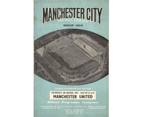 Manchester City Vs Manchester Utd Vintage Football Programme From Saturday 4th March 1961 at Maine Road. Good condition. Well