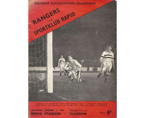 Rangers FC Vs Sportklub Rapid FC Vintage Football Programme From Wednesday 15th December 1954 at the Ibrox Stadium. Good Used
