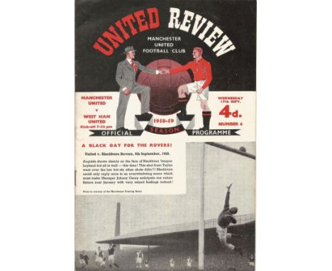 Manchester Utd Vs West Ham Utd Vintage football Programme From Wednesday 17th September 1958 at Old Trafford. This match was 