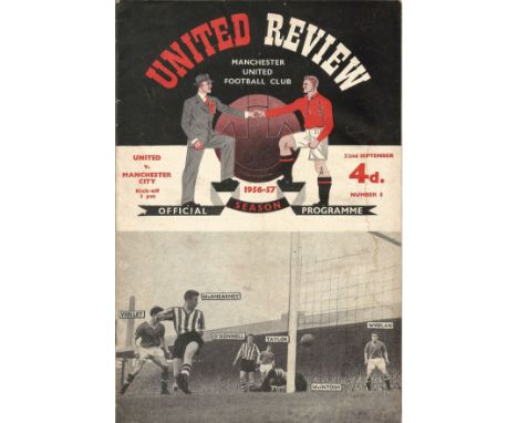 Manchester Utd Vs Manchester City Vintage Football Programme From 22nd September 1956 at Old Trafford. A Good Used Vintage Pr