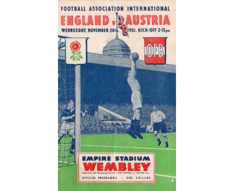 Football England v Austria vintage programme Empire Stadium Wembley November 28th 1951. Good condition. All autographs come w