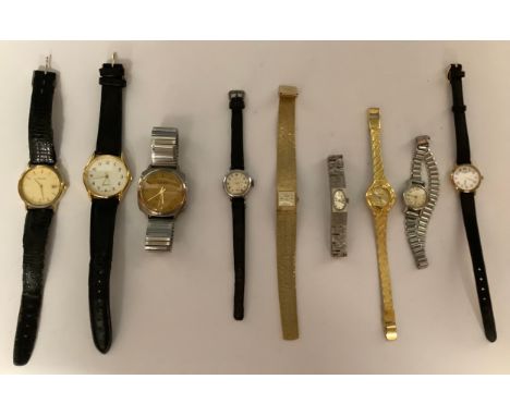 Watches - a ladies’ Rotary wristwatch, white face, Arabic numerals, black leather strap; a gentleman’s Leno De Luxe bracelet,