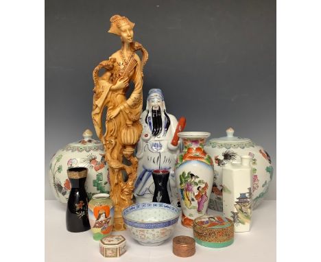 A Chinese export ware figure, two ginger jars and covers, assorted vases and trinket pots, resin deity figure; qty 