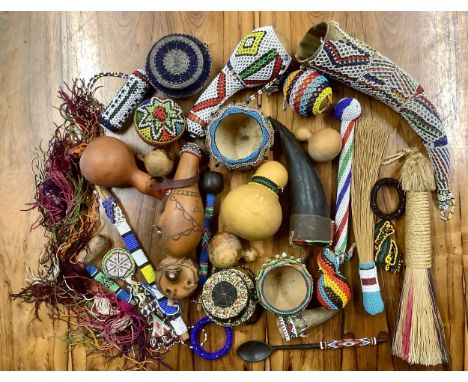 Tribal Art &amp; the Eclectic Interior - South African beadwork, mostly Ndebele, an Xhosa pipe, gourds, knobkerrie, etc (qty)