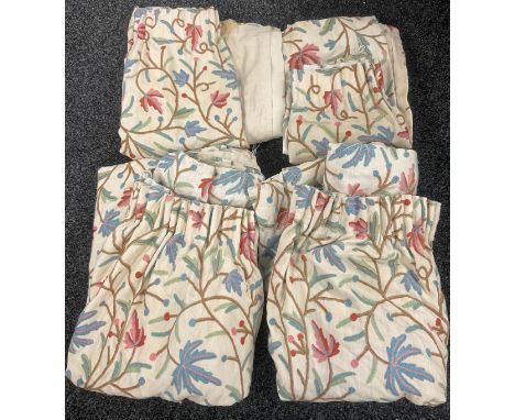 Textiles - a pair of large crewelwork curtains, 212cm long; another pair, smaller 