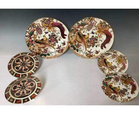 A pair of Royal Crown Derby Imari 1128 pattern saucers, 16cm diameter, seconds; an Olde Avesbury pattern dinner plate, first 