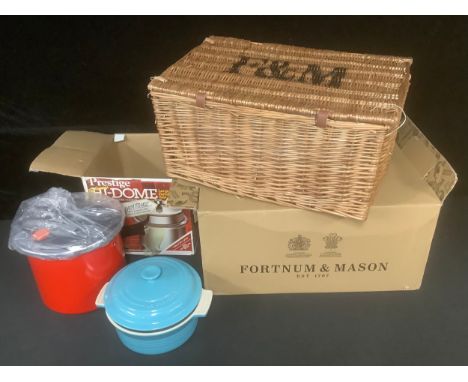 A Fortnum &amp; Mason hamper basket, 33cm high, 51cm wide; a Prestige Hi-Dome high speed pressure cooker, 7 litre; a Le Creus