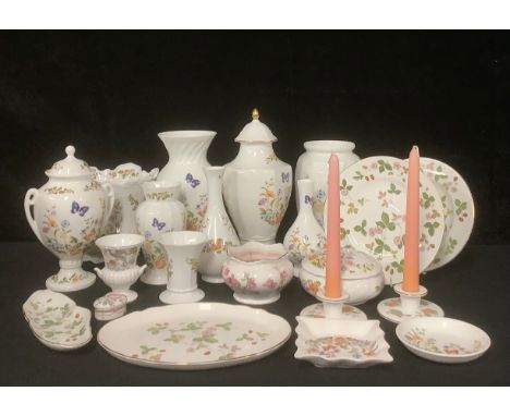 An Aynsley Cottage Garden pattern large hexagonal vase and cover, assorted vases, jardinière, etc; a Wedgwood Wild Strawberry