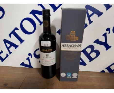 A BOTTLE OF ABRACHAN TRIPLE OAK MATURED BLENDED MALT SCOTCH WHISKY BOXED TOGETHER WITH A BOTTLE OF HARDYS CABERNET SAUVIGNON