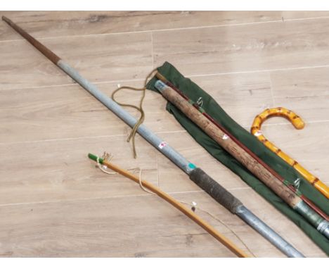 VINTAGE BOW AND JAVELIN TOGETHER WITH WALKING STICK AND MONARCH FISHING ROD WITH CARRY BAG