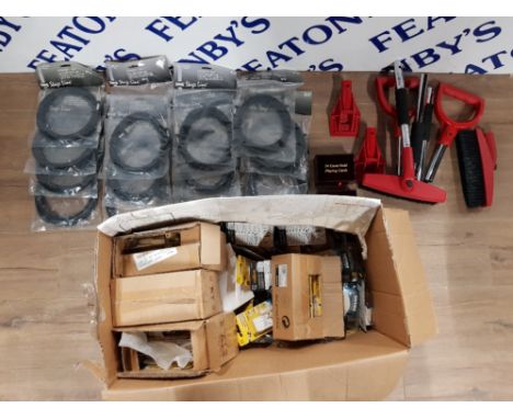 LARGE BOX OF PHILIP'S COAXIAL CONNECTORS WITH STAGE LINE SPEAKER CABLES AND 2 SETS OF PLAYING CARDS ETC