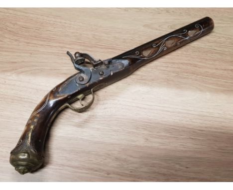 REPLICA FLINTLOCK PISTOL WITH INLAID SILVER STRINGING AND MOTHER OF PEARL BRASS MOUNTS