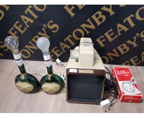 TABLE PROJECTOR, FLASH MAGNIFIER AND 2 WINE BOTTLE LAMPS