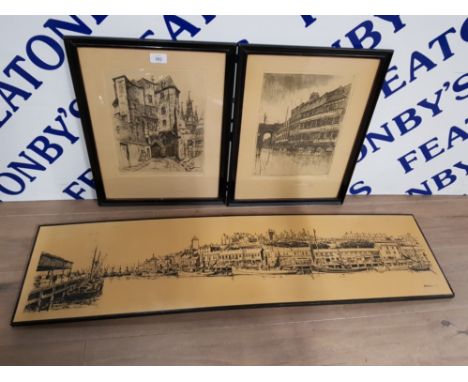 A PAIR OF ETCHINGS BY BERT BAINBRIDGE BLACK GATE NEWCASTLE AND THE SANDHILL NEWCASTLE SIGNED 32 X 24CM TOGETHER WITH A PRINT 