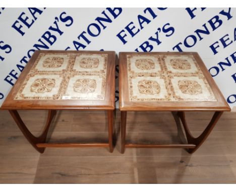 A PAIR OF GPLAN TEAK LAMP TABLES WITH INSET TILE TOPS 50 X 51 X 50CM