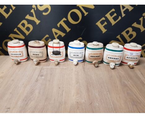 SEVEN WADE ROYAL VICTORIA POTTERY MINIATURE KEGS SHERRY SCOTCH GIN AND PORT 13CM HIGH
