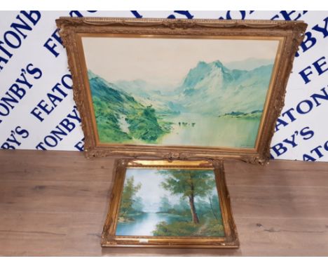 AN OIL PAINTING LAKE SCENE 39.5 X 49.5CM TOGETHER WITH A LARGE PRINT AFTER ALFRED DE BREANSKI