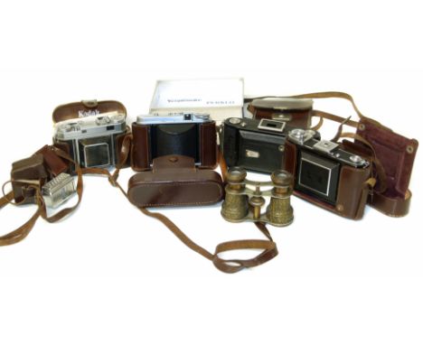 Zeiss Ikon, Kodak Retina camera, light meter, lens hood, Zeiss Ikon Nettar camera, Voighander Perkeo I camera and a pair of f