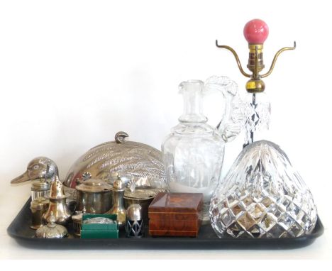 Cut glass electric lamp "Fascination" musical box, quantity of mixed plated ware, Mars Gregory style jug, reuge compact etc. 