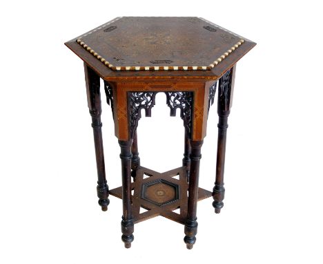 Late 19th century hardwood Egyptian Mamluk style occasional table with geometric mosaic panels, all standing on turned legs w