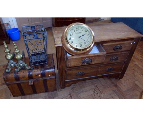 Tin trunk, beech chest of drawers, wrought iron stick stand, a pair of fire dogs and Daniel and Archery wall clock Condition 