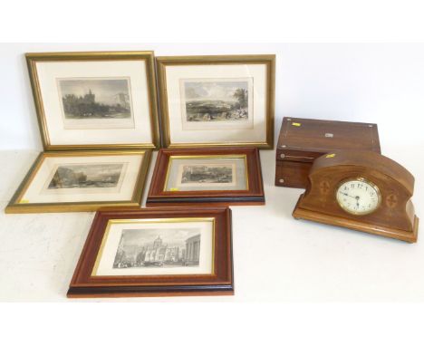 Edwardian inlaid mantle clock, rosewood jewellery box and five prints. Condition reports are not available for this sale.