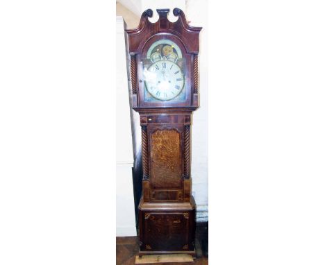 Early 19th century longcase clock 8-day movement, white painted dial with rolling moon and mahogany case. Condition reports a
