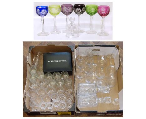 Waterford crystal boxed pair of brandy balloons, harlequin coloured wine glass set, pair of decanters and other glass ware an